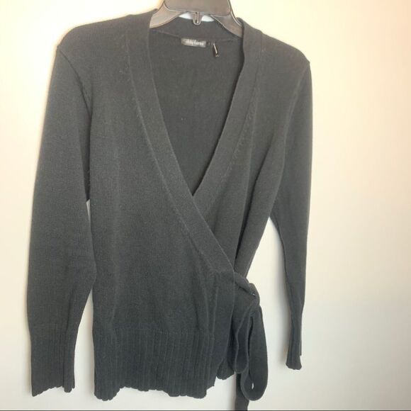 Daisy Fuentes solid Black Wrap V neck Long Sleeve cotton Sweater size L V neck - Picture 3 of 11